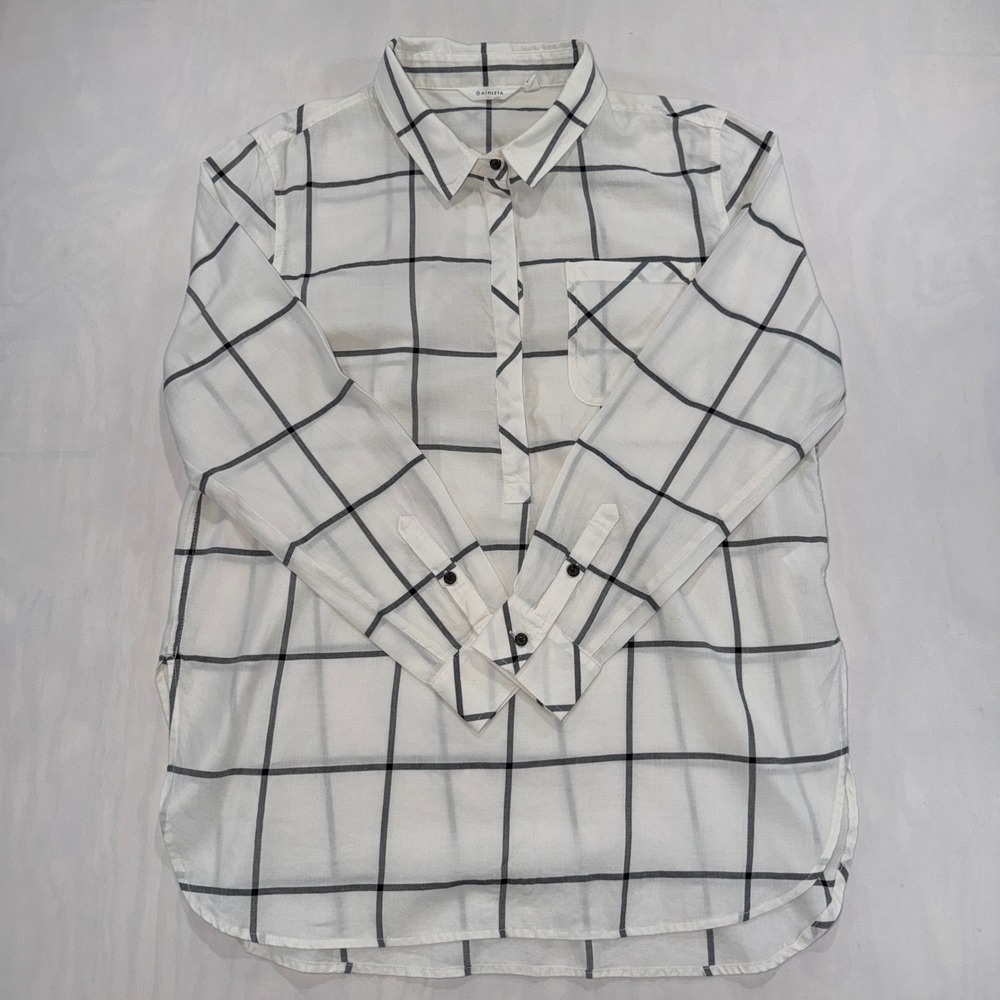 Athleta Plaid Tunic Women XL White Windowpane Cotton Long Sleeve Button Shirt